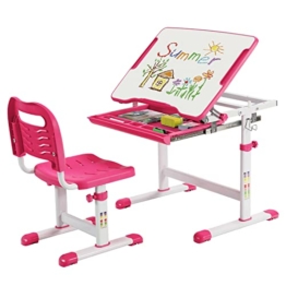 COSTWAY Kinderschreibtisch Set höhenverstellbar, Kindertisch und Stuhl mit neigbarer beschreibbareTischplatte & Schublade, Kinder Schreibtisch für Jungs & Mädchen (Pink) - 1